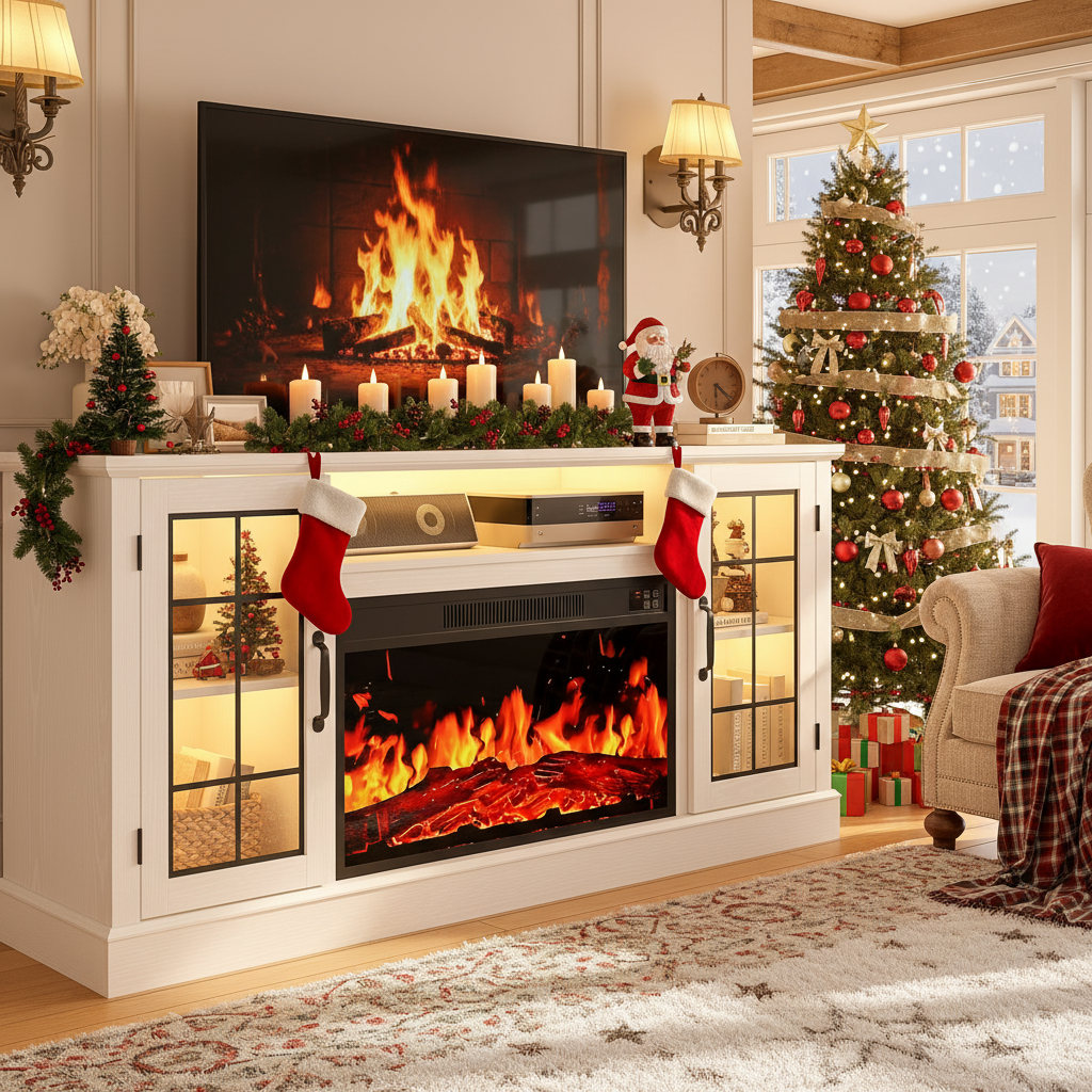 UHOMEPRO 63" Fireplace TV Stand for TVs up to 70", with 32 " Electric Fireplace with LED, Modern Wooden Media Console for Living Room or Bedroom, White