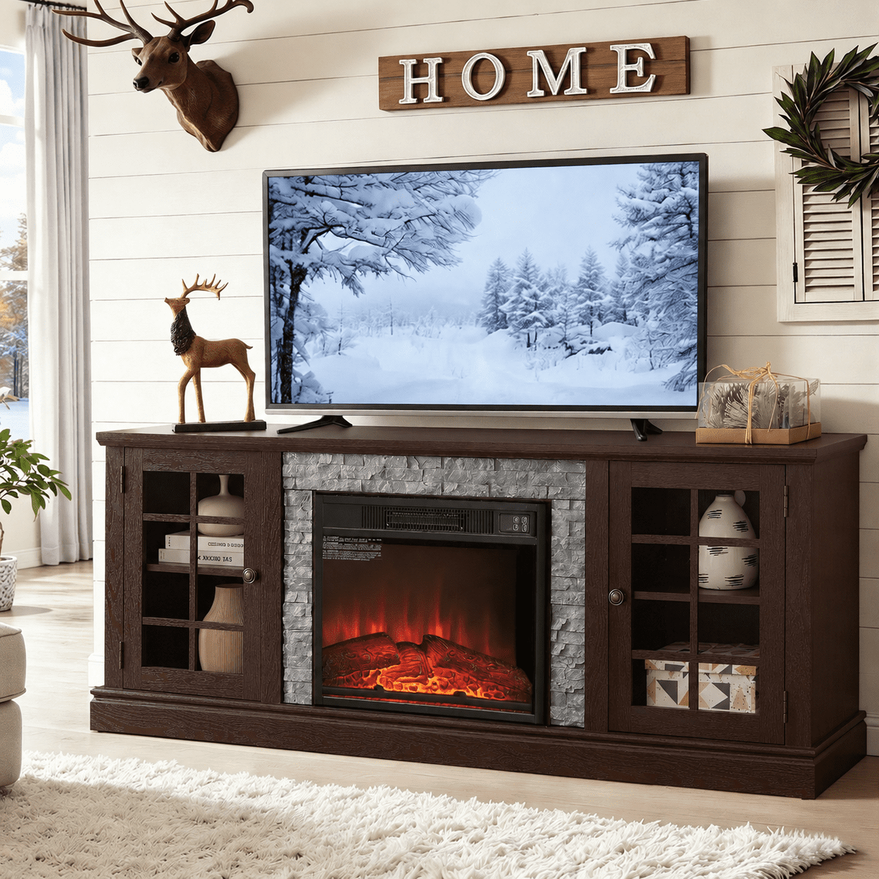UHOMEPRO Fireplace TV Stand for TVs up to 75", White Large Entertainment Center with 23" Electric Fireplace for Living Room, 70" Modern TV Stand with 2-Door Storage