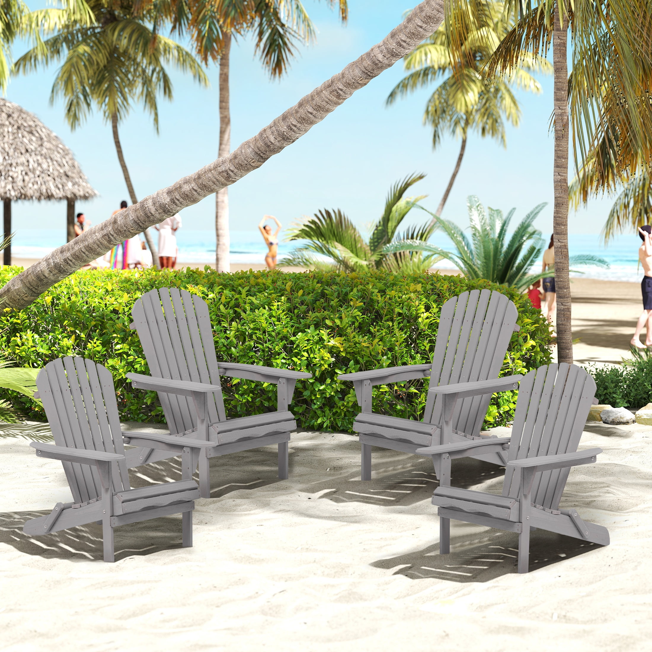 UHOMEPRO Folding Adirondack Chair Set of 4, Outdoor Weather Resistant Patio Lawn Chair, Wooden Fire Pit Chair for Outside Deck Garden Backyard Balcony, Patio Furniture Set Lounge Chairs, Gray A