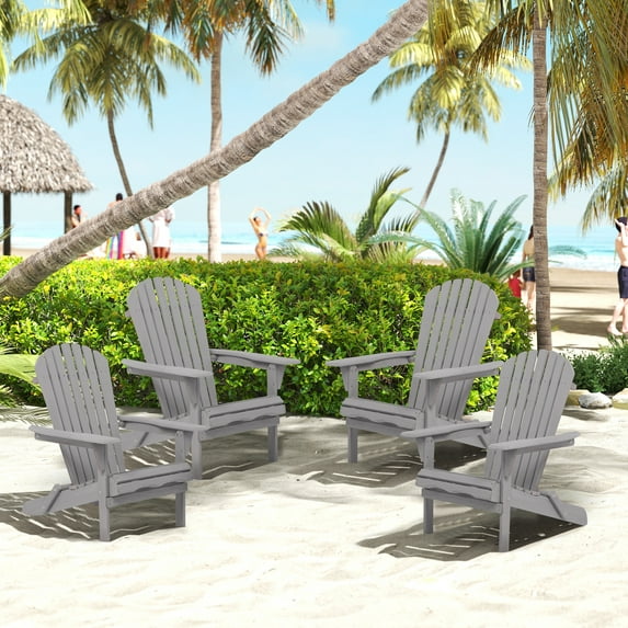 UHOMEPRO Folding Adirondack Chair Set of 4, Outdoor Weather Resistant Patio Lawn Chair, Wooden Fire Pit Chair for Outside Deck Garden Backyard Balcony, Patio Furniture Set Lounge Chairs, Gray A
