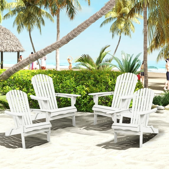 UHOMEPRO Folding Adirondack Chair Set of 4, Outdoor Weather Resistant Patio Lawn Chair, Wooden Fire Pit Chair for Outside Deck Garden Backyard Balcony, Patio Furniture Set Lounge Chairs, White