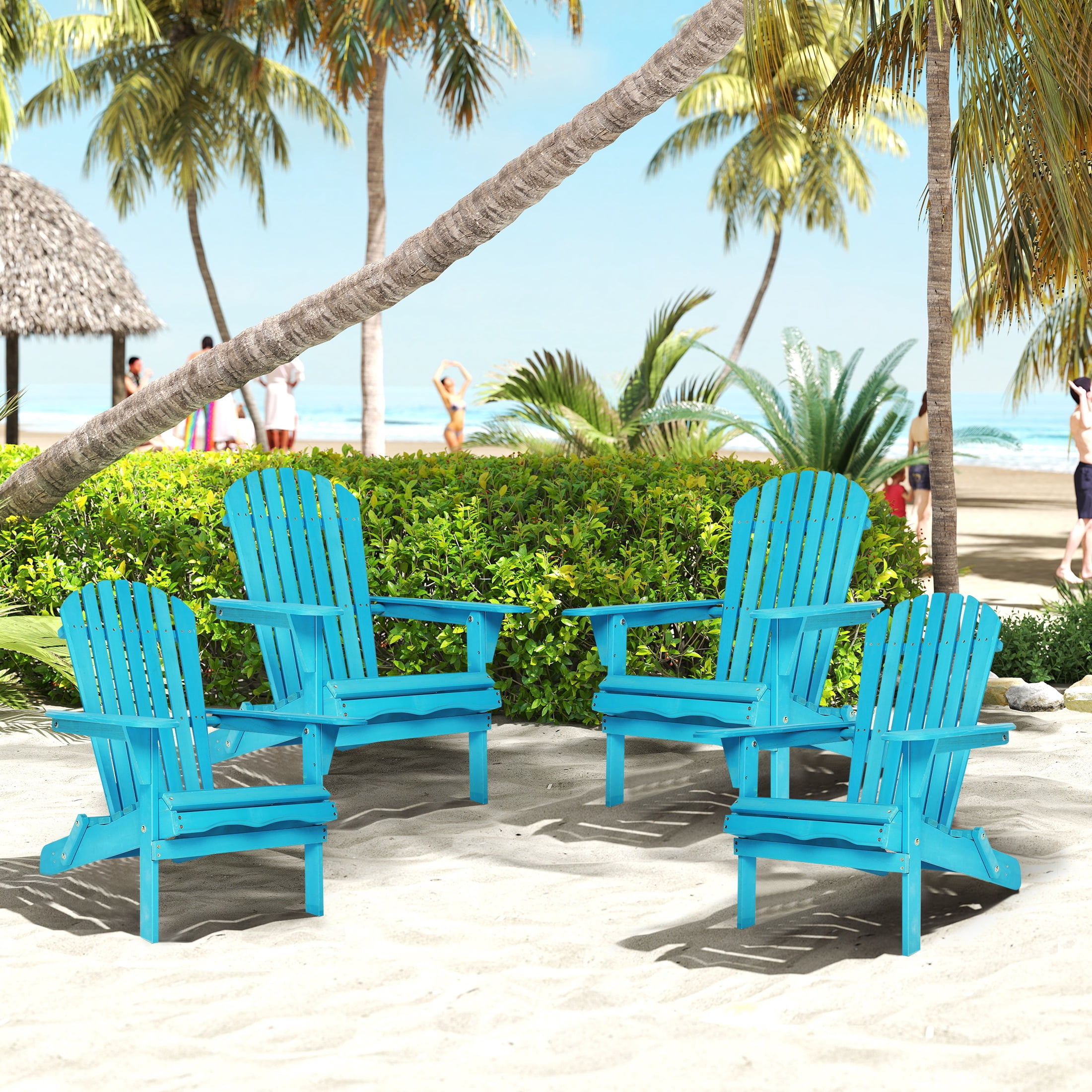 UHOMEPRO Folding Adirondack Chair Set of 4, Outdoor Weather Resistant Patio Lawn Chair, Wooden Fire Pit Chair for Outside Deck Garden Backyard Balcony, Patio Furniture Set Lounge Chairs, Blue