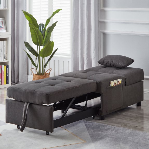 UHOMEPRO Folding Sofa Bed Chair, Single Folding Ottoman Sofa Bed, Sleeper Folding Chair with Linen Fabric, Sleeper Couch Bed for Living Room and Bed Room, Dark Gray