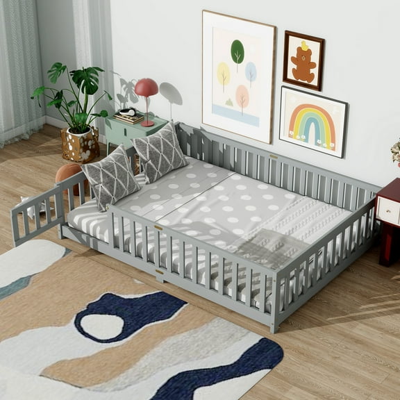 Full Size Floor Bed with Door and Fence, UHOMEPRO Montessori Floor Bed with Slats and Safety Guardrails, Solid Wood Full Bed Frame for Bedroom, Gray