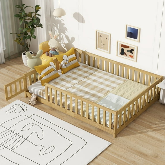 Full Size Floor Bed with Door and Fence, UHOMEPRO Montessori Floor Bed with Slats and Safety Guardrails, Solid Wood Full Bed Frame for Bedroom, Natural