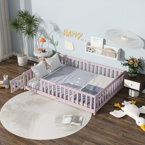 Full Size Floor Bed with Door and Fence, UHOMEPRO Montessori Floor Bed with Slats and Safety Guardrails, Solid Wood Full Bed Frame for Bedroom, Pink