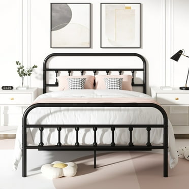 UHOMEPRO Full Platform Bed Frame with Headboard, Metal Full Size Bed Frame for Adults Teens, Rustic Vintage Full Bed Frame Bedroom Furniture, No Box Spring Needed, Black