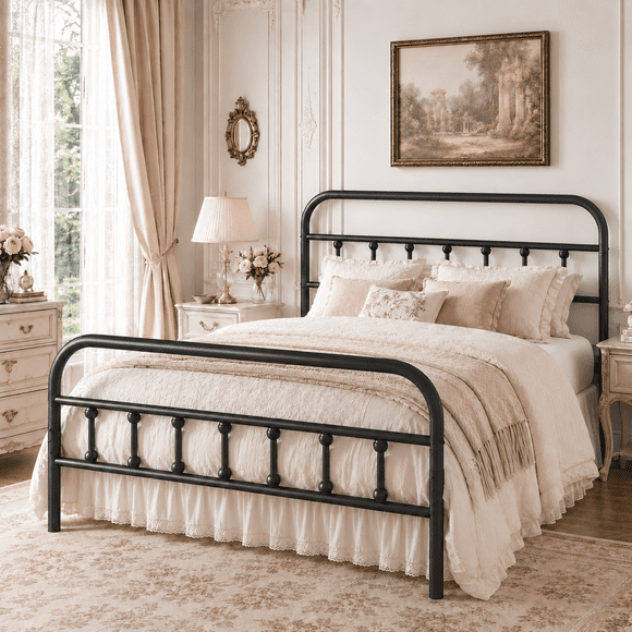 UHOMEPRO Full Size Metal Bed Frame with Headboard and Footboard, Vintage Victorian Style Platform Bed Frame, No Box Spring Needed, Easy Assembly, Center Support Bar, Black