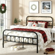 UHOMEPRO Full Platform Bed Frame with Headboard, Metal Full Size Bed Frame for Adults Teens, Rustic Vintage Full Bed Frame Bedroom Furniture, No Box Spring Needed, Black
