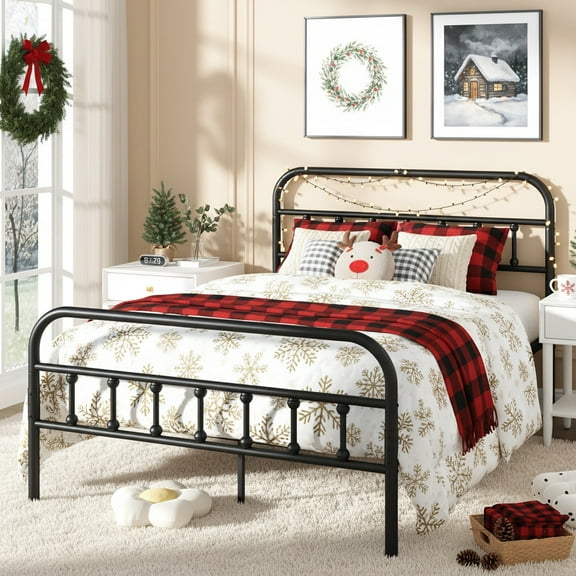 UHOMEPRO Full Platform Bed Frame with Headboard, Metal Full Size Bed Frame for Adults Teens, Rustic Vintage Full Bed Frame Bedroom Furniture, No Box Spring Needed, Black