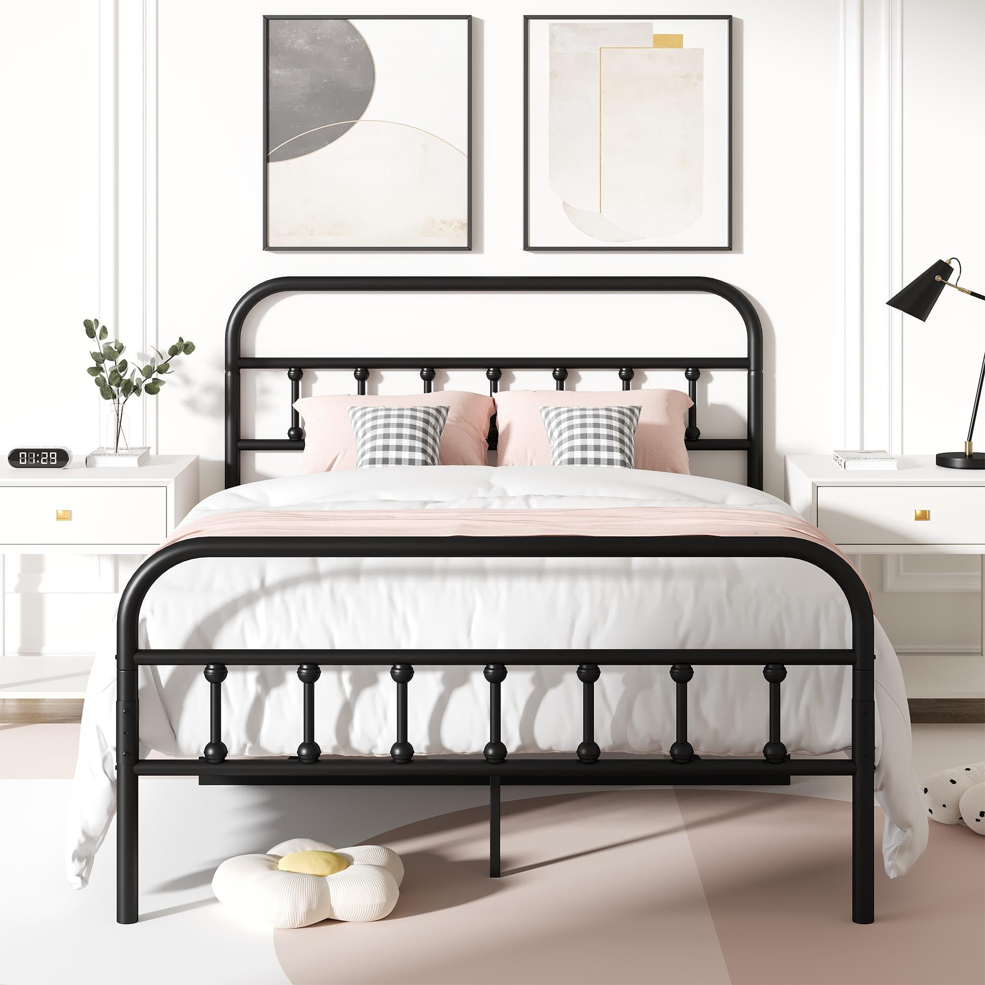 UHOMEPRO Full Platform Bed Frame with Headboard, Metal Full Size Bed Frame for Adults Teens Kids, Rustic Vintage Full Bed Frame Bedroom Furniture, No Box Spring Needed, Black