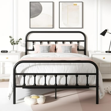 UHOMEPRO Full Platform Bed Frame with Headboard, Metal Full Size Bed Frame for Adults Teens, Rustic Vintage Full Bed Frame Bedroom Furniture, No Box Spring Needed, Black
