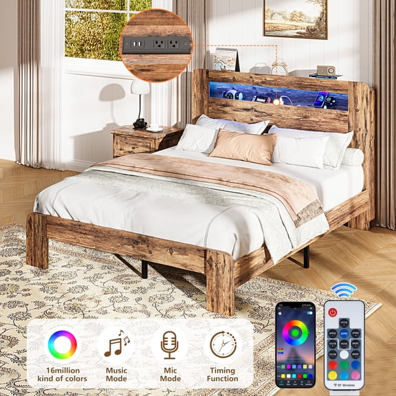 Full Bed Frame, UHOMEPRO Wood Platform Bed Frame with LED Storage Headboard and Charging Station, Full Size Bed Frame with Strong Support, Modern Bedroom Furniture, No Box Spring Needed, Brown