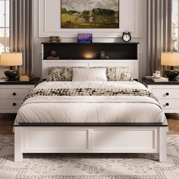UHOMEPRO Full Size Bed Frame with Charging Station and LED Light, Wood Platform Bed with Headboard and Footboard, Holds 550lbs, Easy Assembly, No Box Spring Needed, Black and White