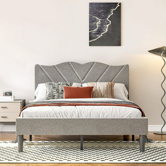 UHOMEPRO Full Size Bed Frame, Minimalist Platform Full Bed Frame with Upholstered Headboard and Under-Bed Storage for Bedroom, No Box Spring Needed, Wooden Slats, Noise-Free, Gray