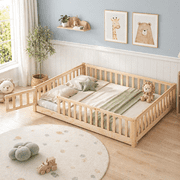 UHOMEPRO Full Size Floor Bed with Fence and Door, Low Profile Montessori Floor Bed for Crib Transition, Solid Wood Cute Bed Frame with Slats Supports, Easy Assembly, No Box Spring Needed, Natural