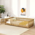 thumbnail image 1 of Twin Size Floor Bed with Door and Fence, UHOMEPRO Montessori Floor Bed with Slats and Safety Guardrails, Solid Wood Twin Bed Frame for Bedroom, Natural, 1 of 14