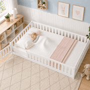 UHOMEPRO Full Size Floor Bed with Slats and Safety Guardrail, Full Size Montessori Floor Bed with Fence and Door, Easy Assemble Montessori Beds for Kids, Girls, Boys, White