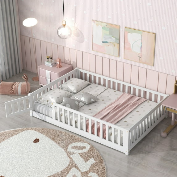 Full Montessori Floor Bed, UHOMEPRO Floor Bed with Safety Fence and Door, Low Profile Wood Platform Bed, No Box Spring Needed, White