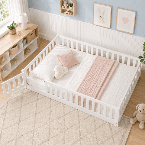 UHOMEPRO Full Size Floor Bed with Fence and Door, Low Profile Montessori Floor Bed for Crib Transition, Solid Wood Cute Bed Frame with Slats Supports, Easy Assembly, No Box Spring Needed, White