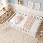 UHOMEPRO Full Size Floor Bed with Fence and Door, Low Profile Montessori Floor Bed for Crib Transition, Solid Wood Cute Bed Frame with Slats Supports, Easy Assembly, No Box Spring Needed, White
