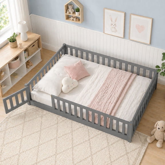 UHOMEPRO Full Size Floor Bed with Fence and Door, Low Profile Montessori Floor Bed for Crib Transition, Solid Wood Cute Bed Frame with Slats Supports, Easy Assembly, No Box Spring Needed, Grey