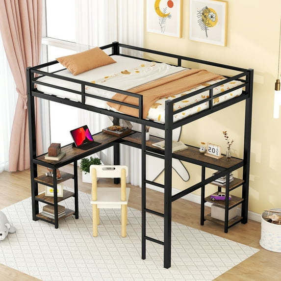 Full Loft Bed with Desk, UHOMEPRO Modern Metal Loft Bed with 6 Storage Shelves, Heavy Duty Loft Bed Full Size with Ladder and Safety Guard Rails, Long L-shaped Desk, Black