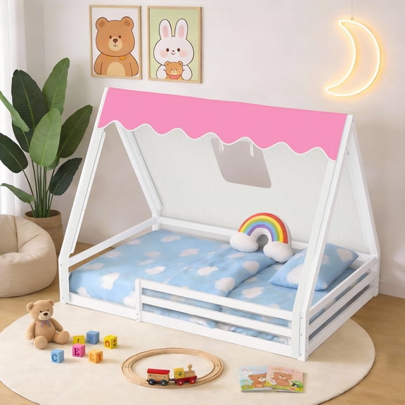 UHOMEPRO Full Size Floor Bed Fram, Solid Wood Teepee Bed withTent, LED Light, Guardrails, Montessori and Childlike Design Bed Frame for Girls/Boys, Pink