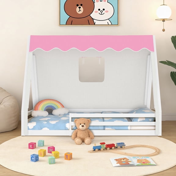 UHOMEPRO Full Size Floor Bed Fram, Solid Wood Teepee Bed withTent, LED Light, Guardrails, Montessori and Childlike Design Bed Frame for Girls/Boys, Pink