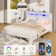 Full Size Bed Frame with Storage Headboard and Charging Station, UHOMEPRO Wooden Platform Bed Frame with LED Light, Easy Assembly & No Box Spring Needed, White