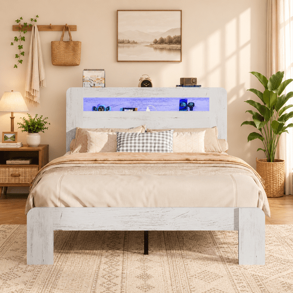 Full Size Bed Frame with Storage Headboard and Charging Station, UHOMEPRO Wooden Platform Bed Frame with LED Light, Easy Assembly & No Box Spring Needed, White