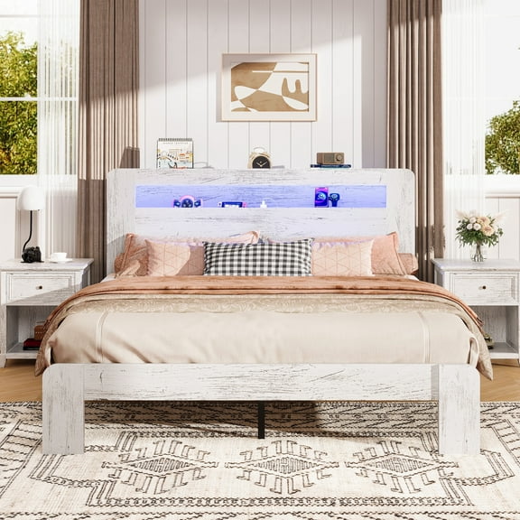Full Bed Frame with LED Storage Headboard and Charging Station, UHOMEPRO Wood Full Bed Frame with Strong Support and RGB Lights, Modern Farmhouse Bedroom Furniture, No Box Spring Needed, White