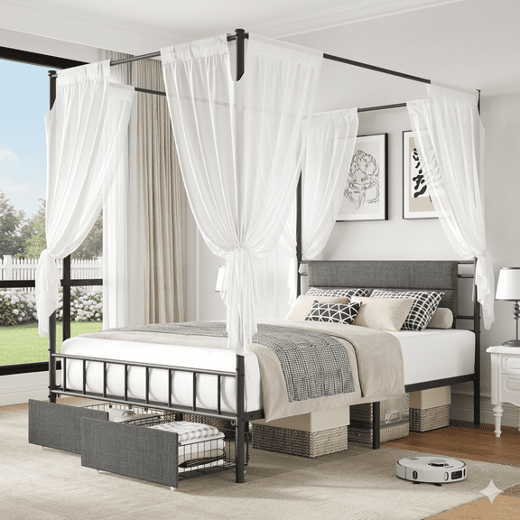 Full Canopy Bed Frame with Headboard, UHOMEPRO Platform Bed Frame with Under-bed drawers, No Box Spring Needed, Black