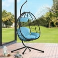 thumbnail image 1 of UHOMEPRO Hanging Wicker Egg Chair with Stand and Cushions, Outdoor Patio Foldable Swing Egg Chair, 350lbs Capacity All-Weather Rattan Hammock Chair for Patio Balcony Porch Garden, Light Blue, 1 of 13