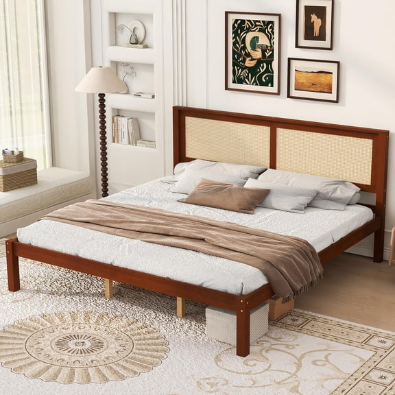 UHOMEPRO King Size Solid Wood Platform Bed Frame with Rattan Headboard, Farmhouse Cane Panel Bed, Under Bed Storage Clearance, No Box Spring Needed, Sturdy Support Legs, Walnut Finish