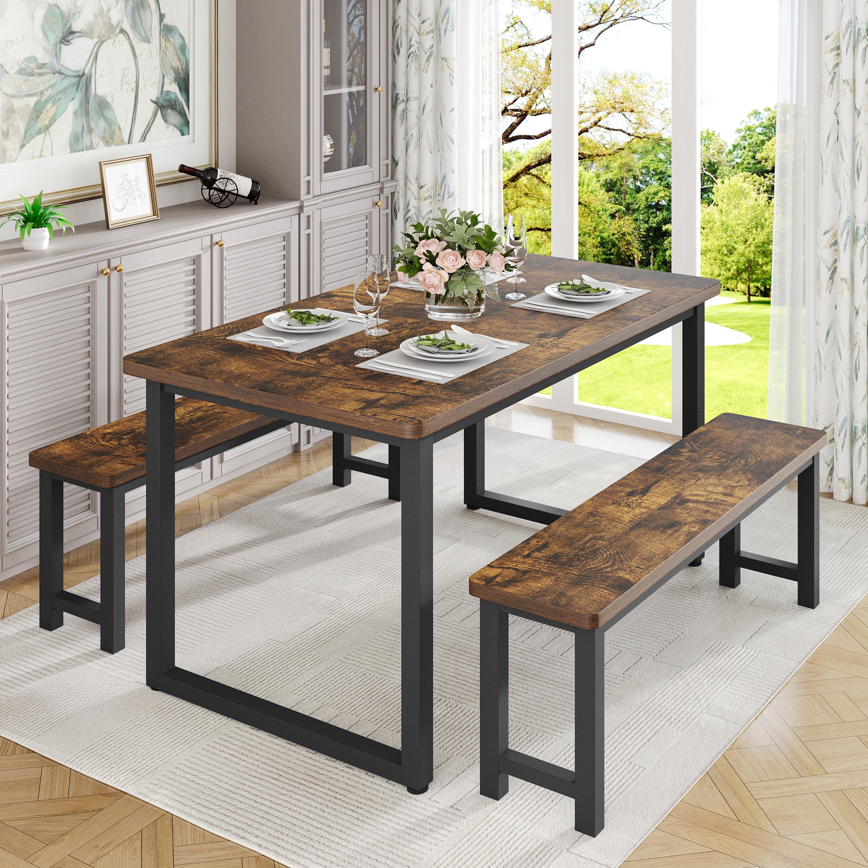 UHOMEPRO Kitchen Table Set with 2 Benches, 3 Piece Dining Room Sets ...