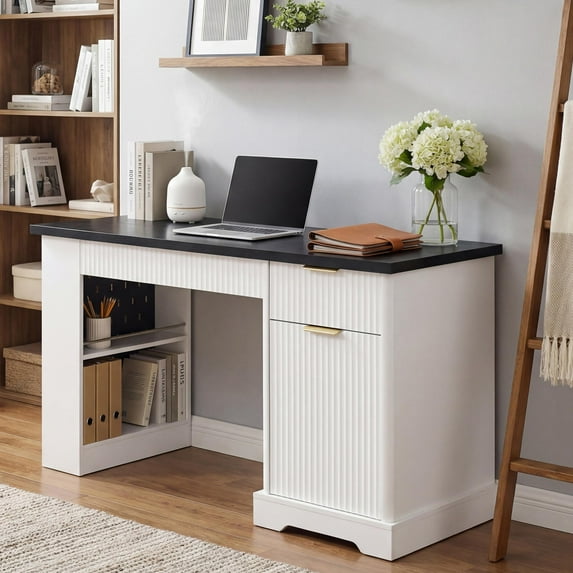 UHOMEPRO 55" Office Desk with Storage Cabinet & Drawers, Computer Writing Desk with Power Outlet, Pegboard, Built-in Shelves and Keyboard Tray for Study, Home Office, White+Black