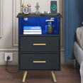 thumbnail image 1 of UHOMEPRO LED Nightstand with Charging Station, Modern Bedside Table with 2 Drawers and Open Storage Shelf, Bedroom End Table, Black, 1 of 8