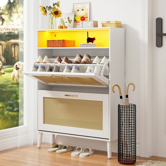 UHOMEPRO Shoe Cabinet with Rattan Flip Drawers, Shoe Organizer with LED Strip for 20 Shoes, Freestanding Tipping Bucket Shoe Storage Cabinet for Entryway, White