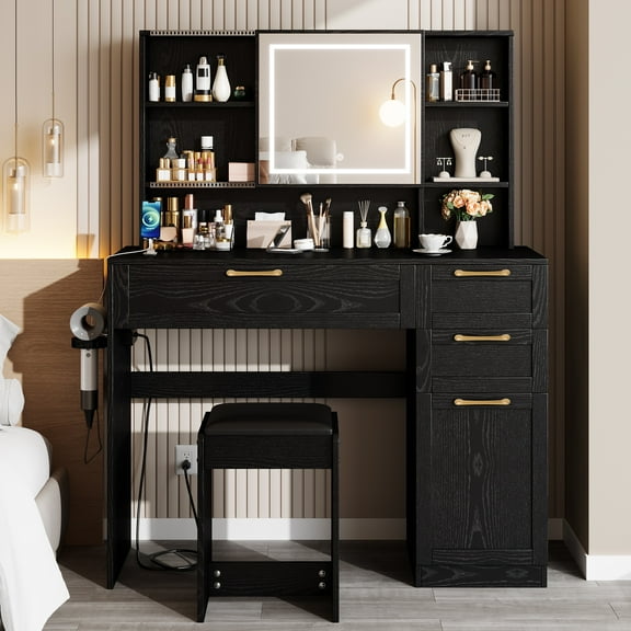 UHOMEPRO Large Vanity Set with LED Sliding Mirror, Makeup Vanity with Charging Station, 3 Lighting Modes Adjustable Brightness, Vanity Set with Mirror for Adults,Women, Black