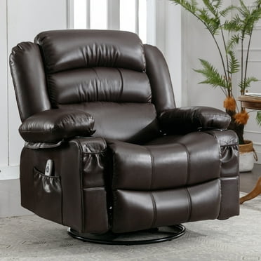 UHOMEPRO Massage Swivel Rocker Recliner Chair, PU Leather Rocking Sofa Home Recliner with Side Pockets Cup Holder and USB Charge Port, 360-degree Rotation, 30-degree Rocking, Brown