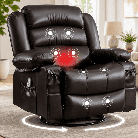 UHOMEPRO Swivel Rocker Recliner Chair, PU Leather Recliner with Heat and Massage, USB Charge Port, Side Pockets and Cup Holder, 360-degree Rotation, 300lbs, Brown