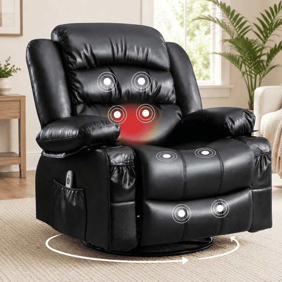 UHOMEPRO Swivel Rocker Recliner Chair, PU Leather Recliner with Heat and Massage, USB Charge Port, Side Pockets and Cup Holder, 360-degree Rotation, 300lbs, Black