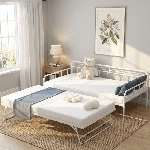 UHOMEPRO Daybed with Adjustable Trundle, Twin Metal Daybed with Pop Up Trundle Bed, Heavy-Duty Sofa with Portable Folding Trundle Bed for Bedroom Living Room (White)