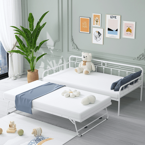 UHOMEPRO Daybed with Adjustable Trundle, Twin Metal Daybed with Pop Up Trundle Bed, Heavy-Duty Sofa with Portable Folding Trundle Bed for Bedroom Living Room (White)