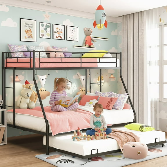 Metal Twin Over Full Bunk Beds with Trundle Bed, UHOMEPRO Twin Over Full Bunk Beds for Kids Adults Teens, Dorm Room Bunkbed with Trundle, 2 Ladders, CPC Certification, No Box Spring Needed, Black