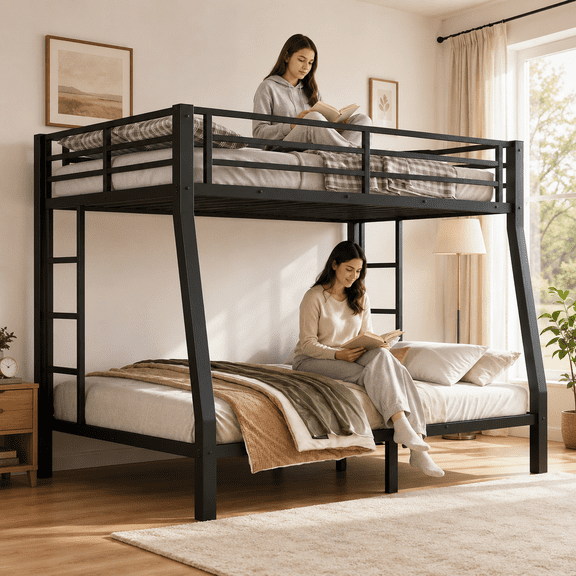 UHOMEPRO Metal Full XL over Queen Bunk Bed for Teens and Adults, Heavy Duty Metal Bunk Bed Frame with Guardrails and Dual Ladders, Space Saving Bed Frame, No Box Spring Needed