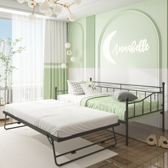 UHOMEPRO Metal Twin Size Daybed with Adjustable Pop Up Trundle, Black Space Saving Daybed Sofa Bed for Living Room and Office, No Box Spring Needed Sleeper Bed Frame, Black