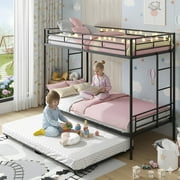 Metal Twin Over Twin Bunk Beds with Trundle Bed, UHOMEPRO Twin Bunk Bed for Kids Adults Teens, Dorm Room Bunk Bed Can Be Divided Into 2 Twin Beds with Trundle, 2 Ladders, CPC Certification, Pink