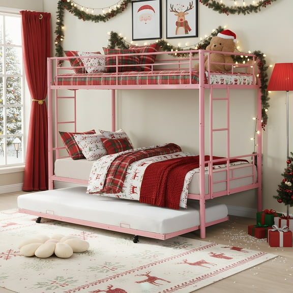 Kids Bunk Bed with Trundle, UHOMEPRO Safe and Space-Saving Sleep Solution for Growing Families, Twin Over Twin Metal Bunk Bed, Sturdy Guardrails, No Box Spring Needed, CPC Certification, Pink